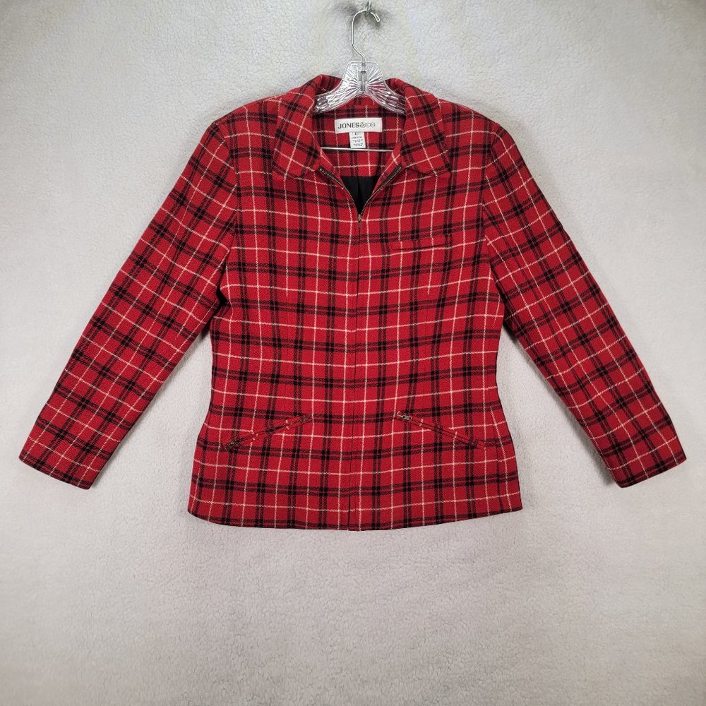 Vintage Jones & Co Red Plaid Worsted Wool Blend Shoulder Pads Zip Up Blazer Coat
